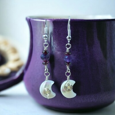 Crescent Moon Dangle Drop Earrings with Amethyst and Garnet