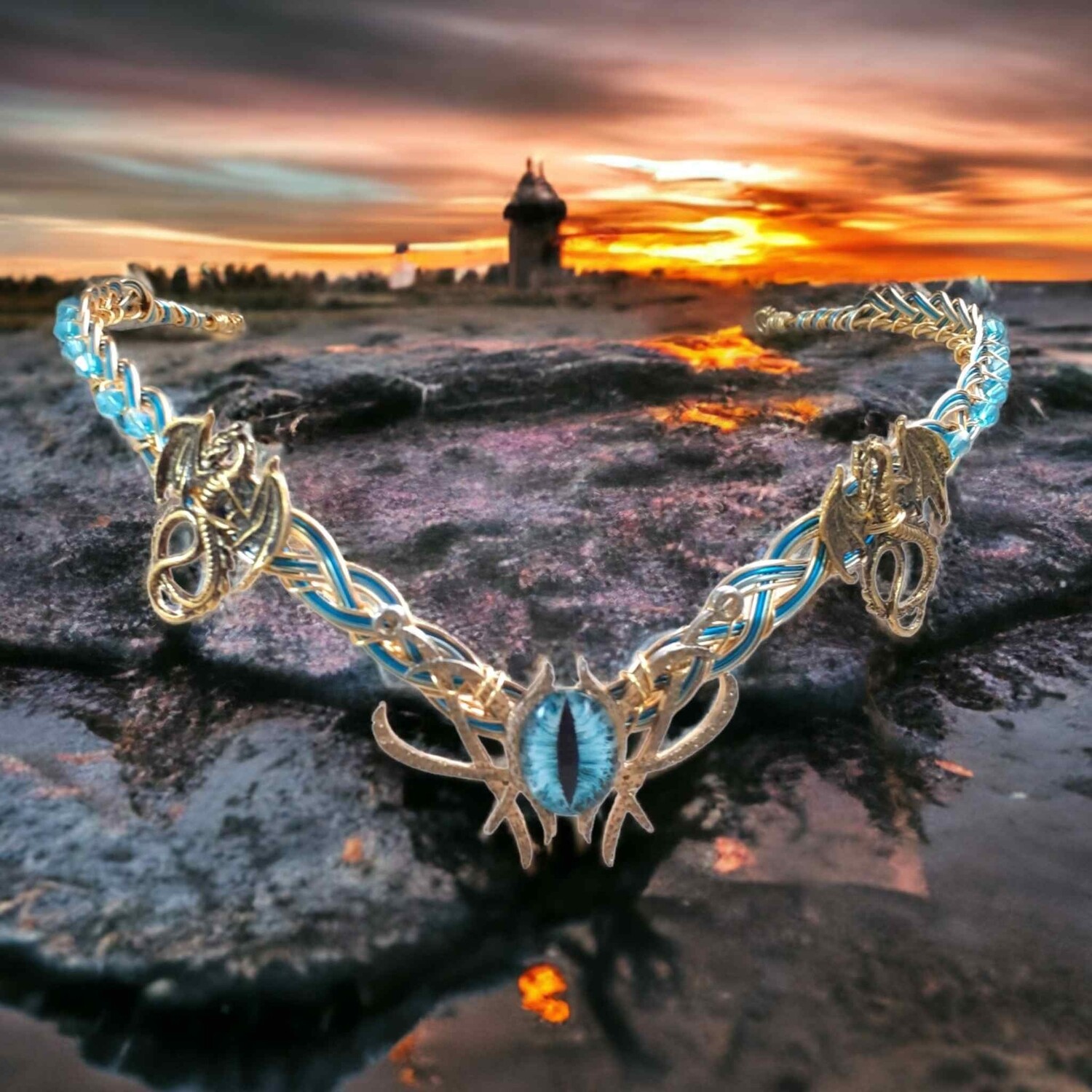 Aqua Blue Dragon Eye Circlet Crown in Gold, Silver, Copper, or Black 