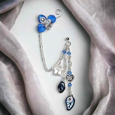 Chain Ear Cuff Dangle Earring Blue and Silver With Leaf Celtic Heart and Star