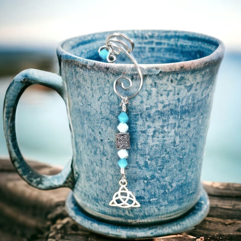 Celtic Triquetra Dangle Ear Cuff Blue Opal, No Pierce 