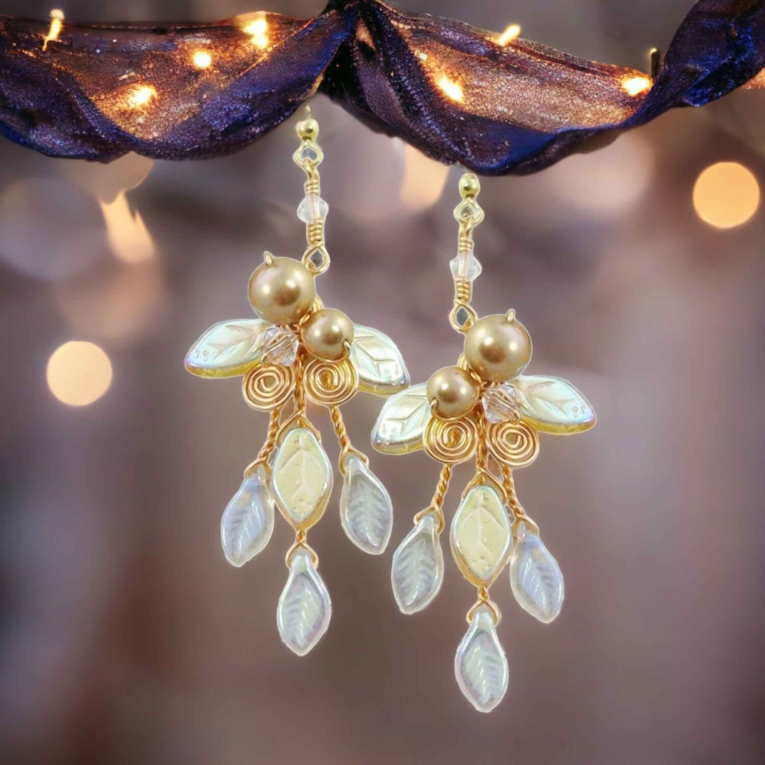Golden Woodland Dangle Earrings Fairy Lights Holiday Collection