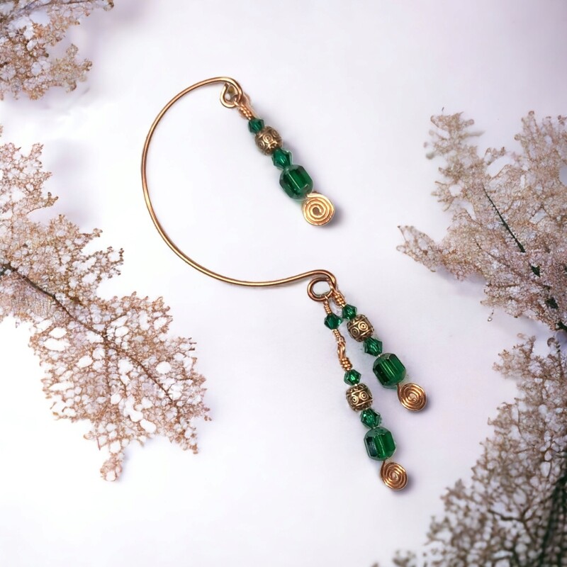 Boho Dangle Ear Cuff Emerald Celtic No Piercing Single or Pair