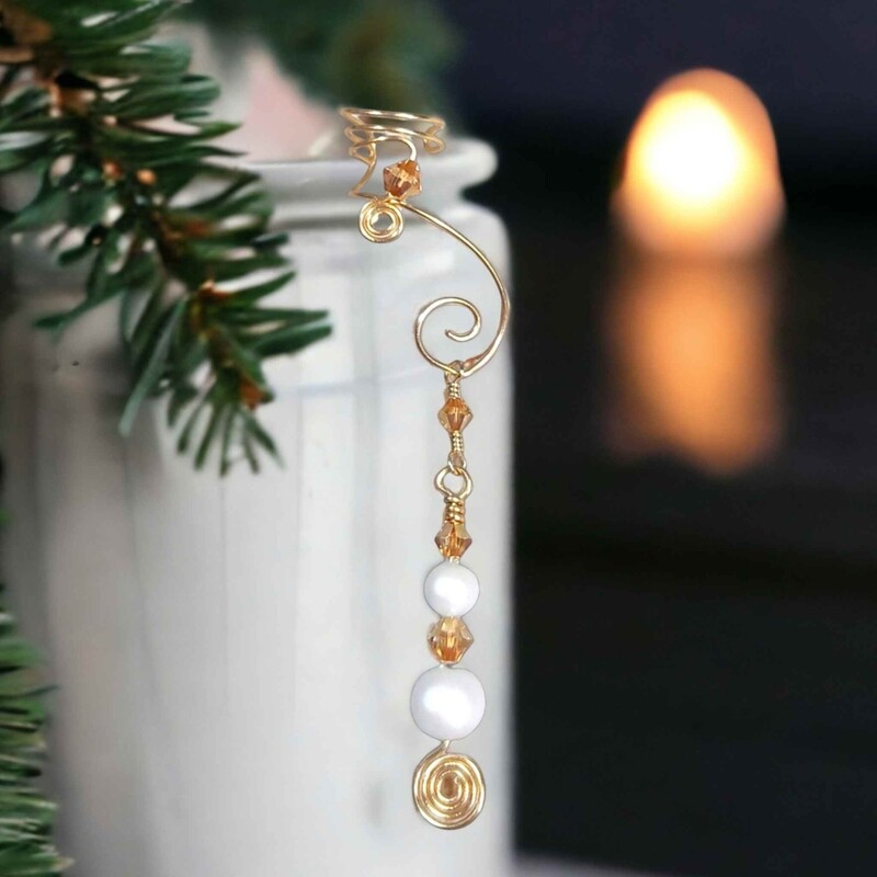 Dangle Ear Cuff  2 in 1 Golden Crystal with Aurora Pearls, No Piercing