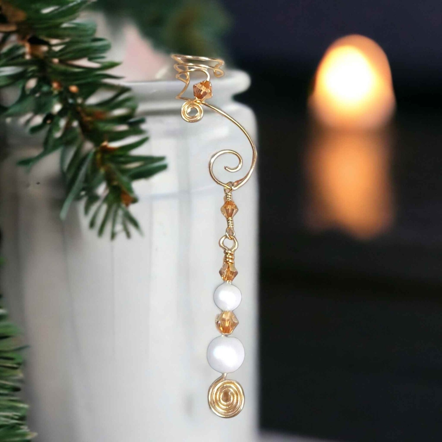 Dangle Ear Cuff 2 in 1 Golden Crystal with Aurora Pearls, No Piercing
