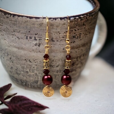 Celtic Spiral Dangle Drop Earrings Sangria Red and Gold 