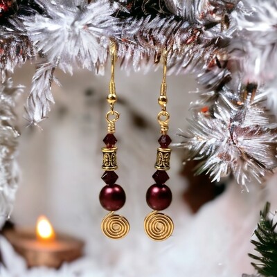 Celtic Spiral Dangle Drop Earrings Sangria Red and Gold 