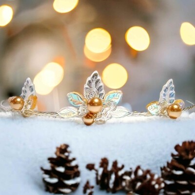 Golden Leaves Princess Tiara - Bridesmaid or Flower Girl Crown - Fairy Lights Holiday Collection 