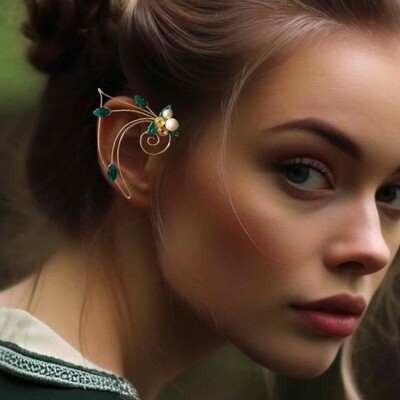 Fairy Elf Ear Cuffs Green Gold - Forest Core No Piercing