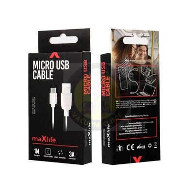 MAXLIFE USB TO MICRO USB 1M 3A WHITE FAST CHARGE PHONE CABLE (0803) EXSML-MICROUSB