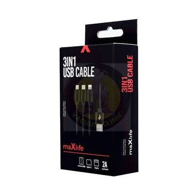 MAXLIFE 3 IN 1 PHONE CABLE USB TO LIGHTNING, USB TO USB-C, USB TO MICRO USB (0803) EXSML-3IN1