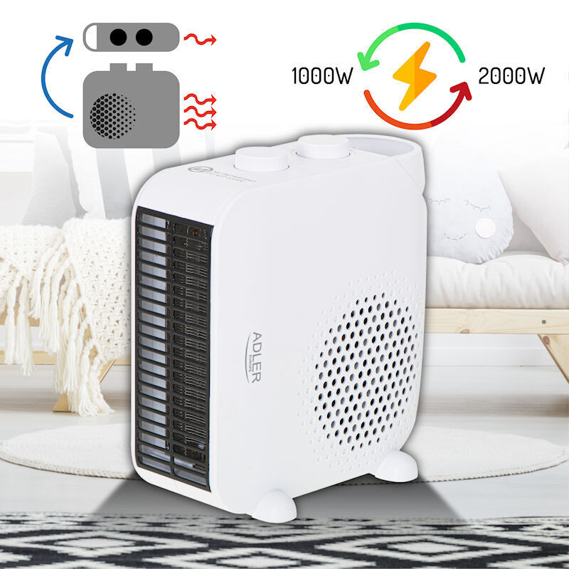 ADLER 2000W FAN HEATER, CAN BE UPRIGHT OR FLAT, SUPPLIED WHITE OR BLACK (6202) ADLAD7725W