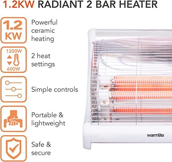 WARMLITE 2 BAR RADIANT HEATER, ANTI TIP OVER SAFETY WL42008N (6202) HEA2BAR