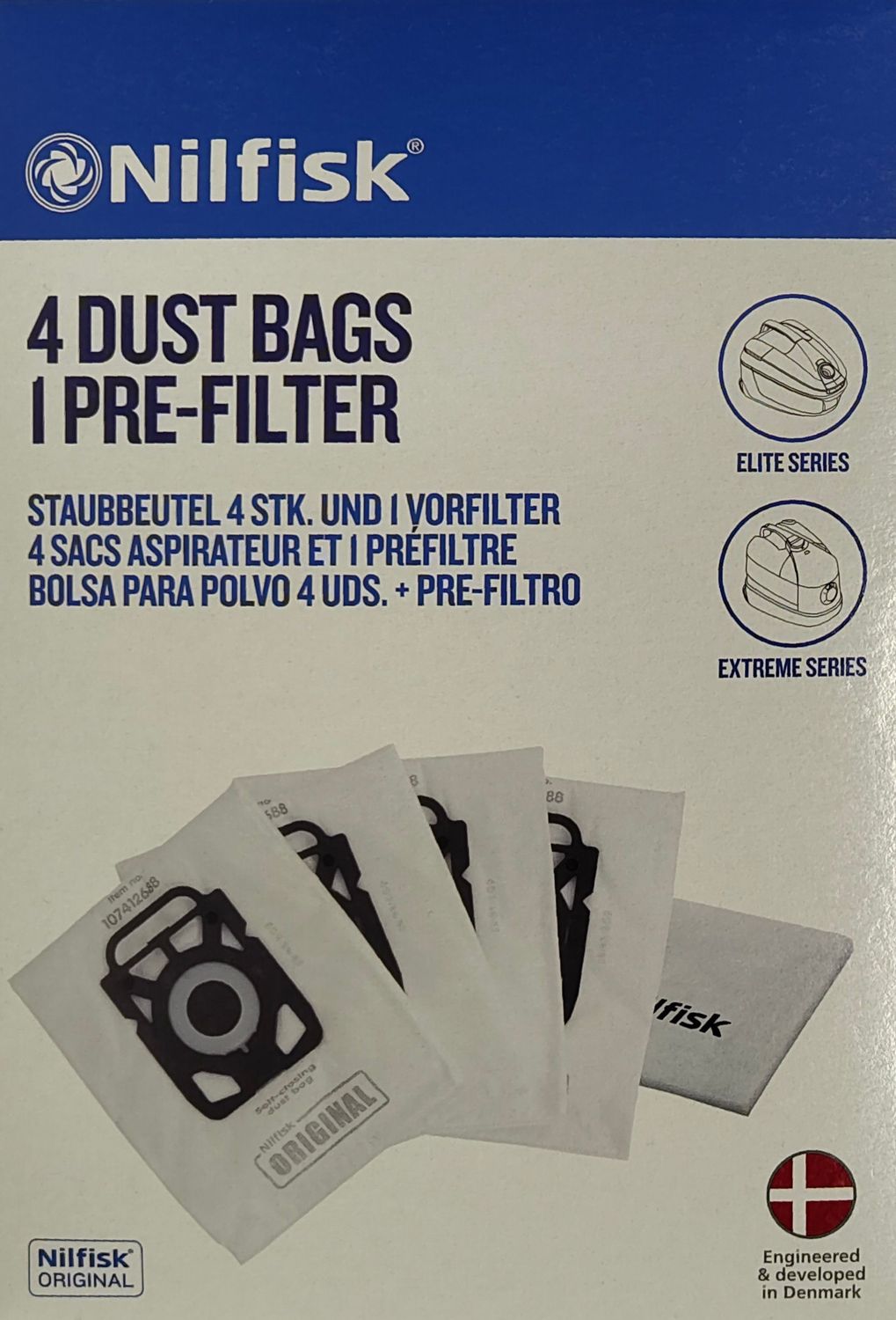 NILFISK ELITE EXTREME KING *MFB526* BAGS X 4 &amp; 1 PRE FILTER ALT TO 107412688 (1802.3.0301.2) NIL107407940