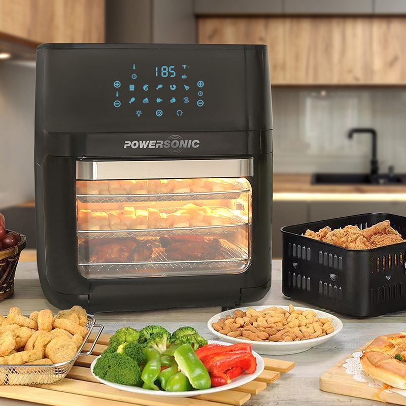 POWERSONIC AIR FRYER 1800W BLACK 12 LITRE FAMILY SIZE, DIGITAL SCREEN, BASKET, 3 SHELVES &amp; ROTISSERIE (SHOP) PWRAF300