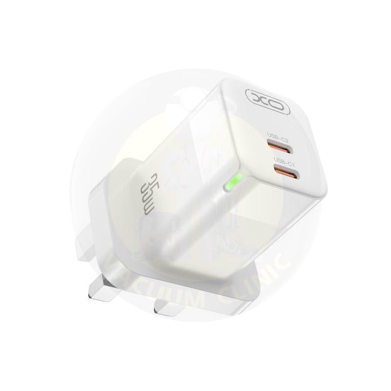 XO WHITE CHARGER PLUG DUAL 2 X TYPE-C PD 35 WATT GAN LED (IRL-UK) HHIGH SPEED CHARGING (6701) EXSXO-CE07IRL-UK