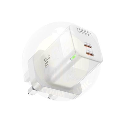 XO WHITE CHARGER PLUG DUAL 2 X TYPE-C PD 35 WATT GAN LED (IRL-UK) HHIGH SPEED CHARGING (6701) EXSXO-CE07IRL-UK