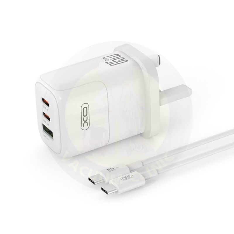 XO WHITE CHARGER PLUG GAN 1 X USB-A 45 WATT + 2 X USB-C 65 WATT, (IRL-UK) HIGH POWER / SPEED CHARGE (6701) EXSXO-L139IRL-UK