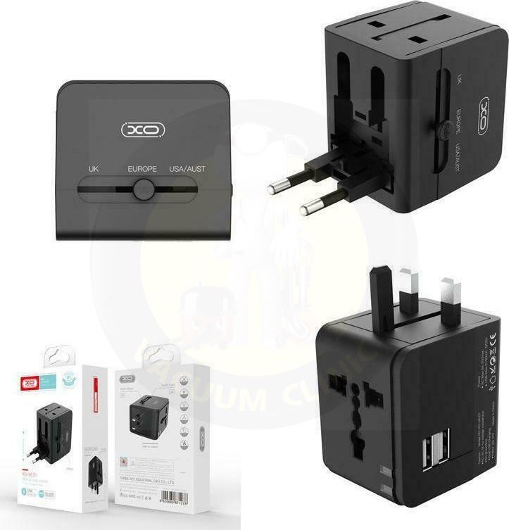 XO BLACK MULTI IRL/EU/UK/US/AUS WORLD TRAVEL ADAPTER CHARGER PLUG, UNIVERSAL TOURIST TRAVEL SOCKETS (6701) EXSXO-WL01