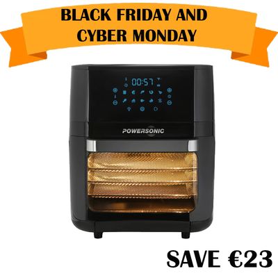 POWERSONIC AIR FRYER 1800W BLACK 12 LITRE FAMILY SIZE, DIGITAL SCREEN, BASKET, 3 SHELVES &amp; ROTISSERIE (SHOP) PWRAF300