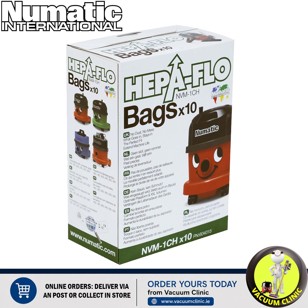 GENUINE 10PK HENRY BAGS *EXSSDB373* NUMATIC 1B/1C GENUINE HEPA FLOW BAGS (1801.0501) EXSNUM907075