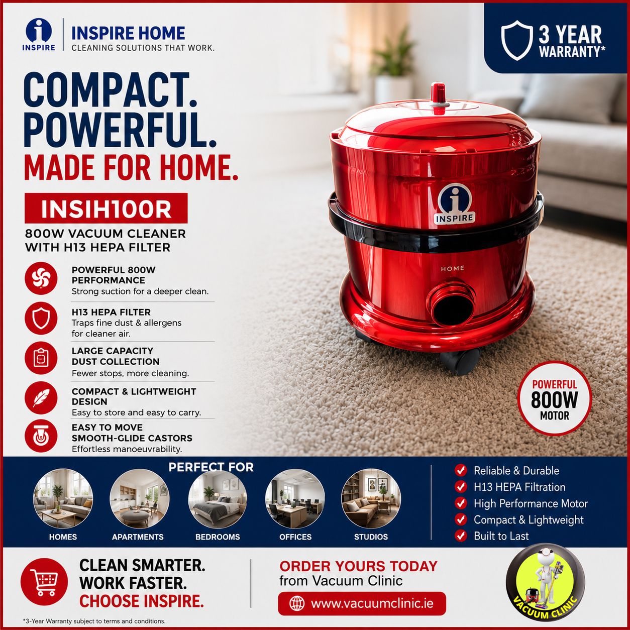 INSPIRE HOME 800W VACUUM CLEANER WITH H13 HEPA FILTER (5401) INSIH100R