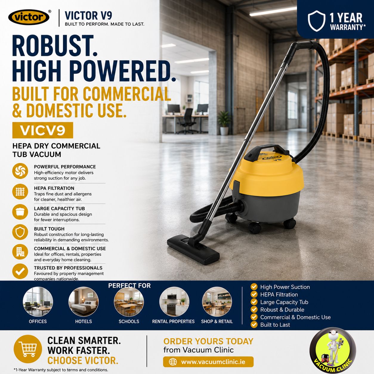 VICTOR V9 HEPA DRY COMMERCIAL TUB VACUUM (5401) VICV9