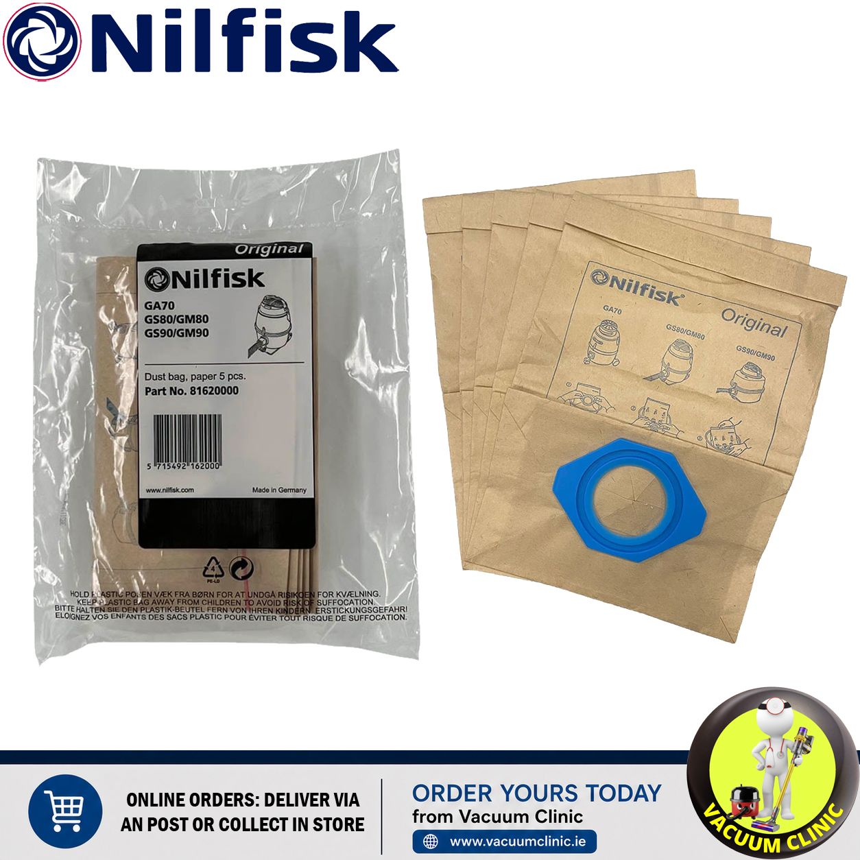 GENUINE NILFISK GS80 90 BAGS *MFB59* 5 PACK 81620000 (1803.0303) EXSSDBGS80