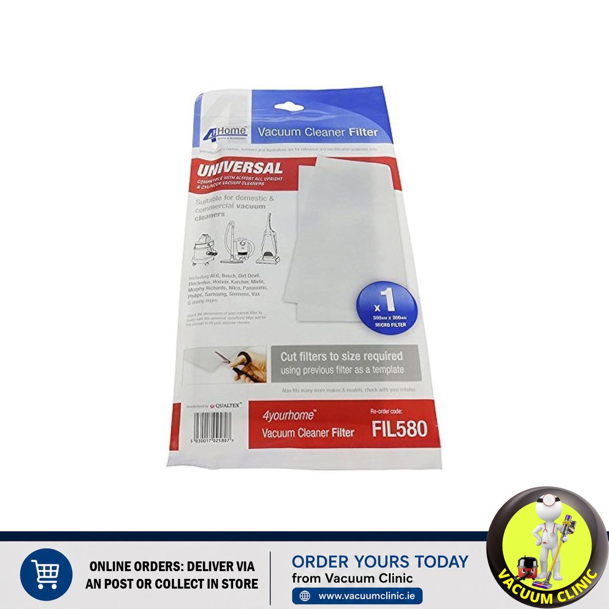 4 YOUR HOME CUT TO SIZE VACUUM CLEANER FILTER - PRE AND POST MOTOR (2906) EXSFIL580