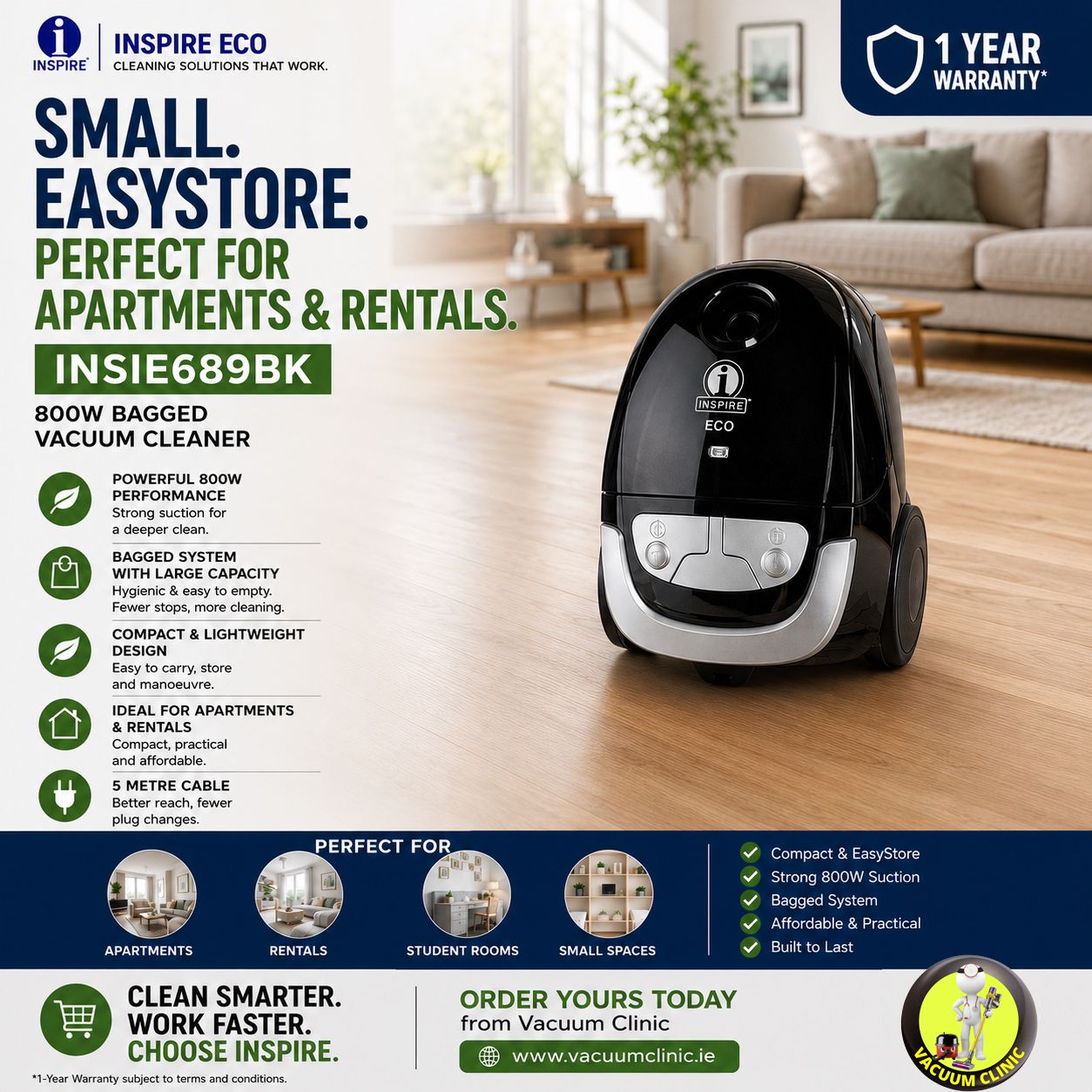 INSPIRE ECO BAGGED VACUUM CLEANER 800W 5 METRE CABLE (5401) INSIE689BK