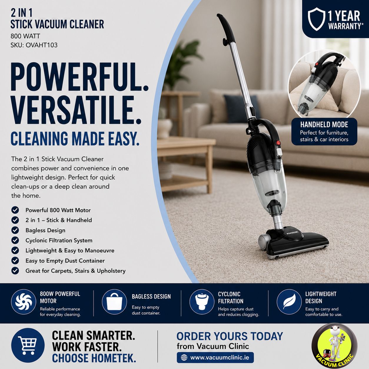 HOMETEK 2 IN 1 STICK VACUUM CLEANER 800 WATT (5401) OVAHT103