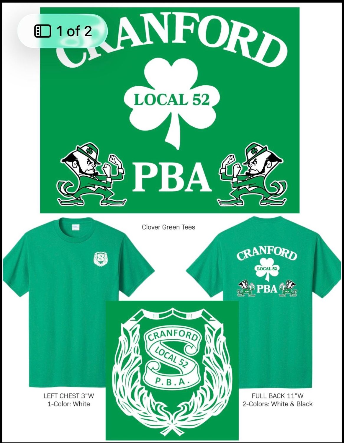 Cranford PBA 52 St. Patrick's Day Shirt (GREEN)