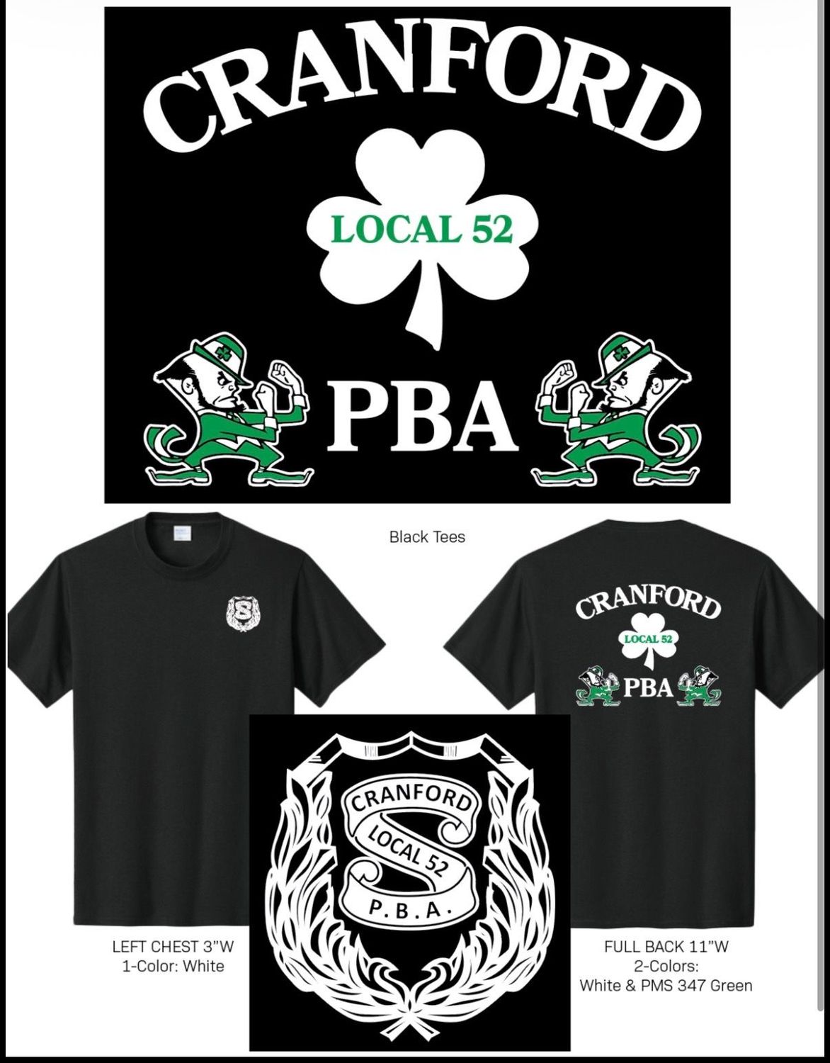 Cranford PBA 52 St. Patrick's Day Shirt (BLACK)