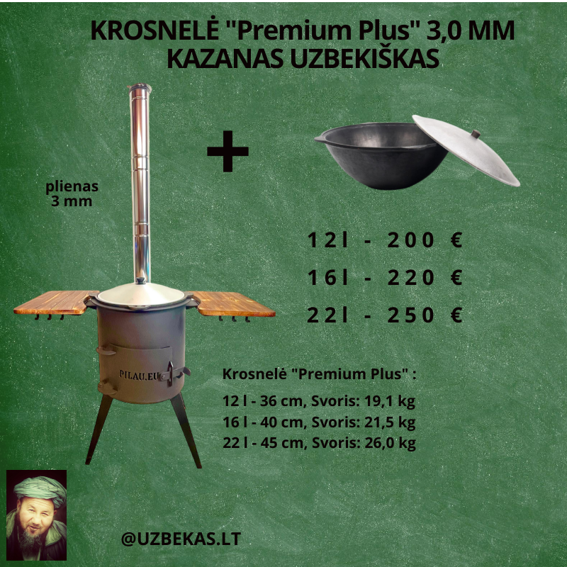 Krosnelė "Premium Plus" , plienas 3mm, su kaminu, 16-22 l kazanui, su lentynom, kazanas 22 l