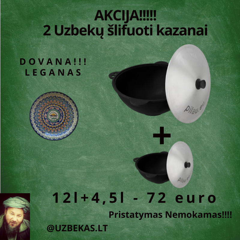 Set - Uzbek polished Kazan 12 l + 4,5 l, with aluminum lid, flat bottom, with Legan Uzbek plates 32-34 cm