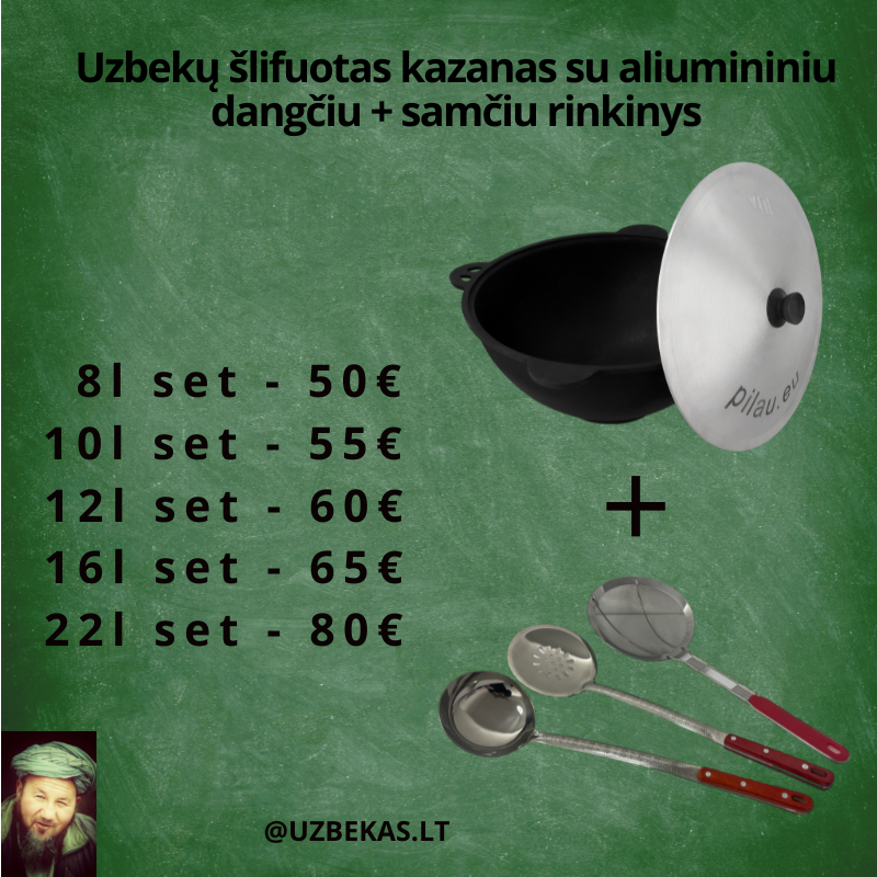 Set - Uzbek polished Kazan 10 l, with aluminum lid, flat bottom, skimmer 46 cm, ladle 46 cm, skimmer-colander 46 cm