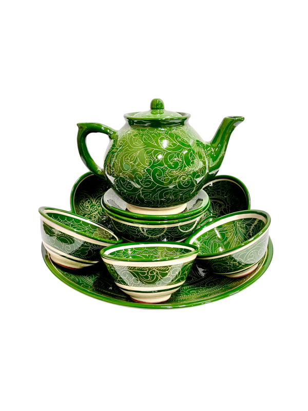 Handmade Tea Set “Tilma”, green pattern, with defect