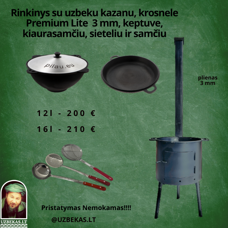 Set - Fire oven &quot;Premium Lite&quot; 3 mm, Uzbek polished Kazan 12 l made of cast iron, with aluminum lid, flat bottom, cast iron lid pan 40 cm, skimmer 46 cm, ladle 46 cm, skimmer sieve 42 cm