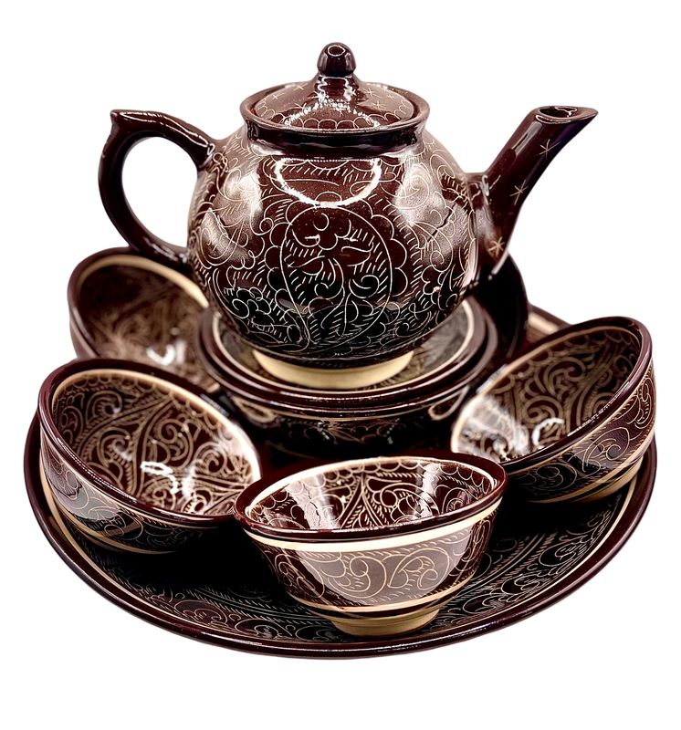 Handmade Tea Set “Tilma”, brown pattern