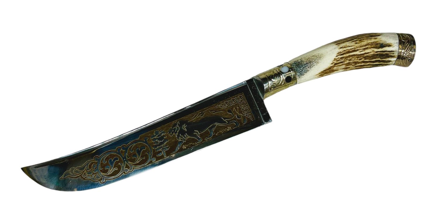 Uzbek knife Pchak, &quot;Horn&quot; handle, with engraving, blade 17-18 cm, total length 30-31 cm.