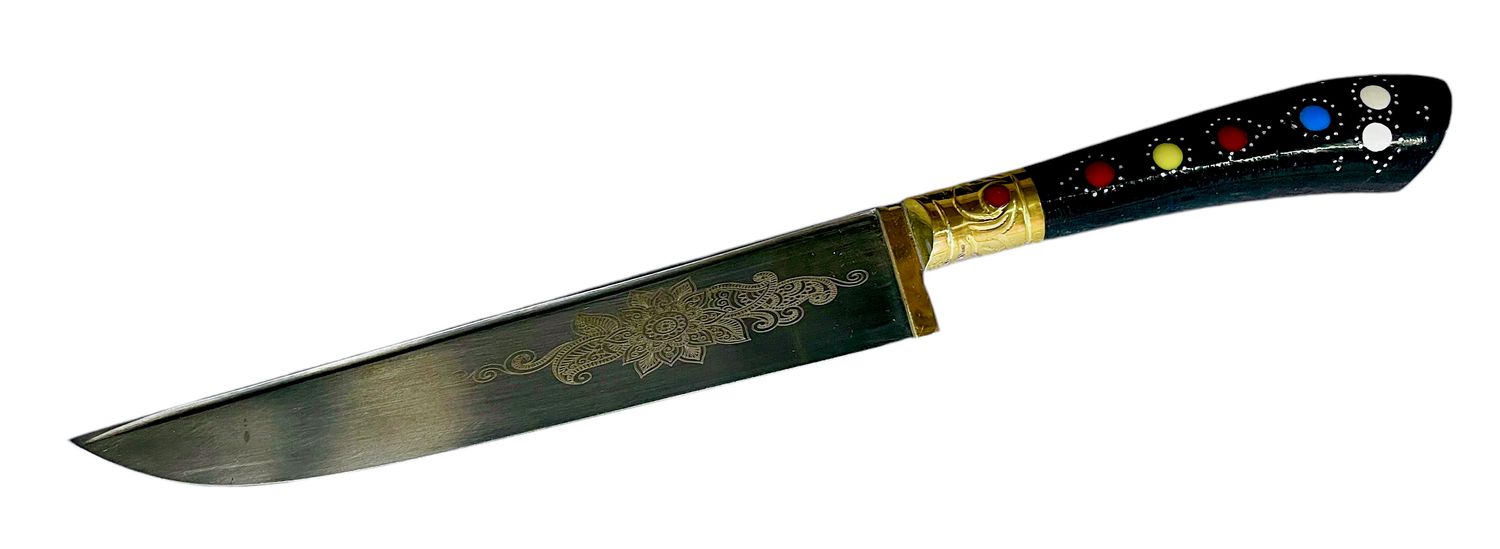 Uzbek knife Pchak, ebonite handle, with engraving, blade 17-18 cm, total length 30 cm.