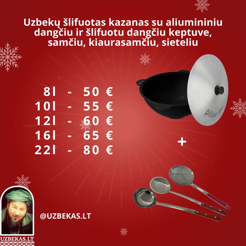 Rinkinys uzbekų šlifuotas Kazanas 16 l, kiaurasamtis 46 cm, samtis 46 cm, kiaurasamtis-sietelis 46cm.