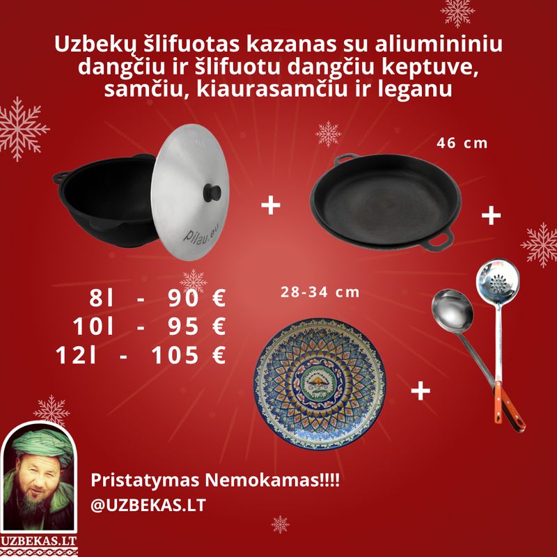 Uzbekų šlifuotas kazanas 12l su aliumininiu dangčiu ir šlifuotu dangčiu keptuve, samčiu, kiaurasamčiu, leganu