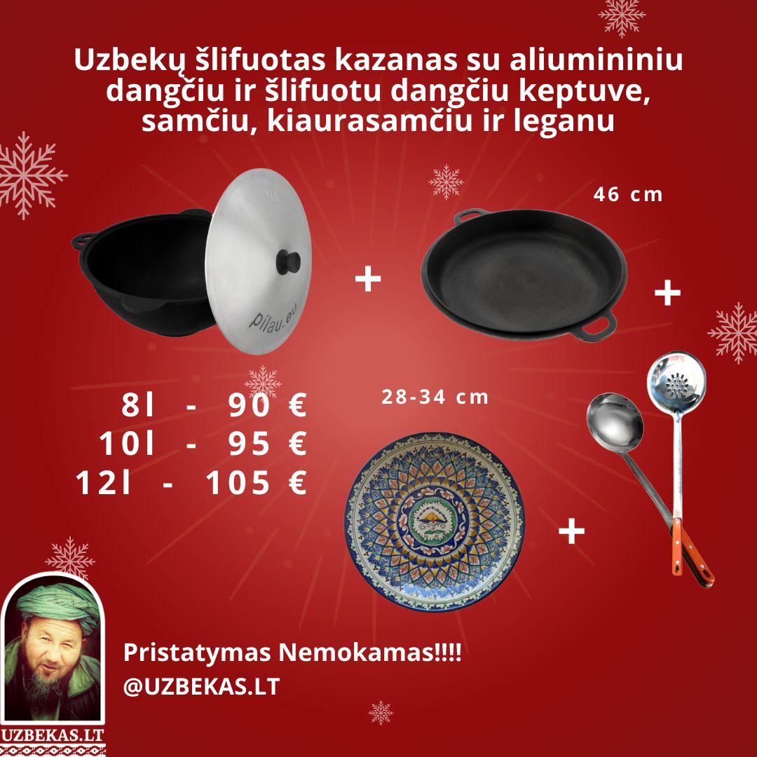 Uzbekų šlifuotas kazanas 10l su aliumininiu dangčiu ir šlifuotu dangčiu keptuve, samčiu, kiaurasamčiu, leganu