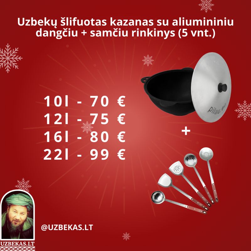 Rinkinys uzbekų šlifuotas Kazanas 10 l, Kiaurasamtis 46 cm, Samtis 46cm, Samtis-Kiaurasamtis 44 cm, Semtuvėlis 45 cm, Semtuvėlis-kiaurasamtis 45 cm