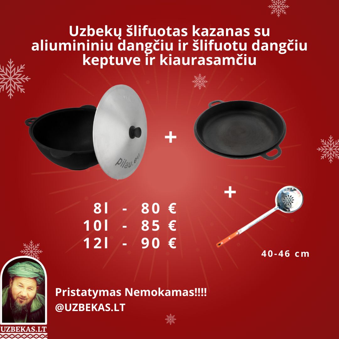 Uzbekų šlifuotas kazanas 12l su aliumininiu dangčiu ir šlifuotu dangčiu keptuve ir kiaurasamčiu