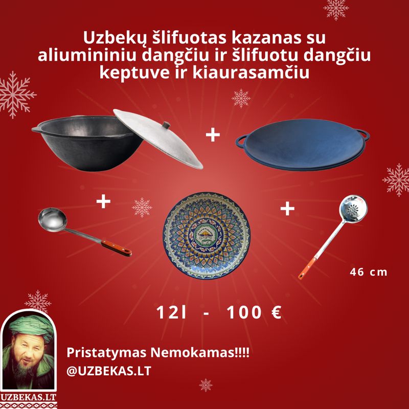 Uzbekų šlifuotas kazanas 12l su aliumininiu dangčiu ir šlifuotu sadžu keptuve, samčiu, kiaurasamčiu, leganu