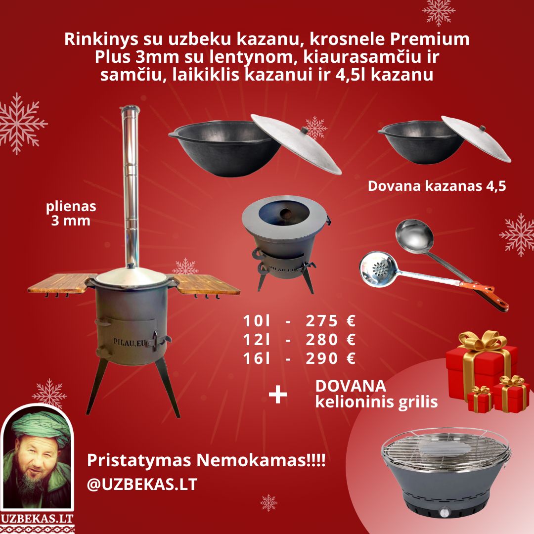 Rinkinys su uzbeku kazanu 16 l, krosnele Premium Plus 3 mm su lentynom, kazanas 4,5 l, laikiklis-žiedas, kiaurasamčiu ir samčiu