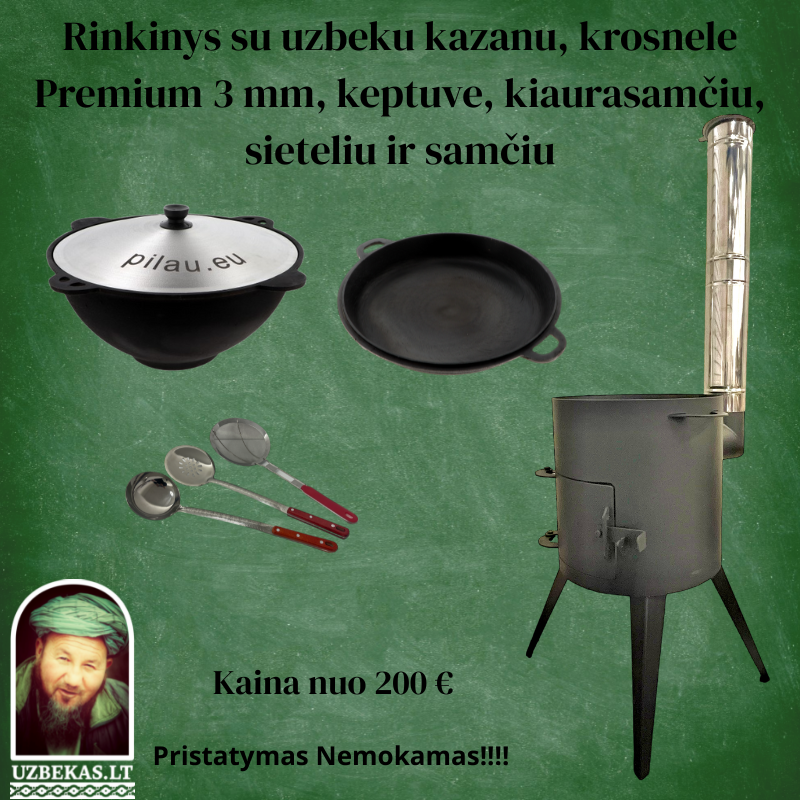 Set- Fire stove “Premium”, uzbek polished Kazan with a flat bottom, 8-10-12-16-22 liters, with aluminum cover, uzbek polished cast lid pan, skimmer 46 cm, ladle 46 cm, skimmer-colander 46 cm