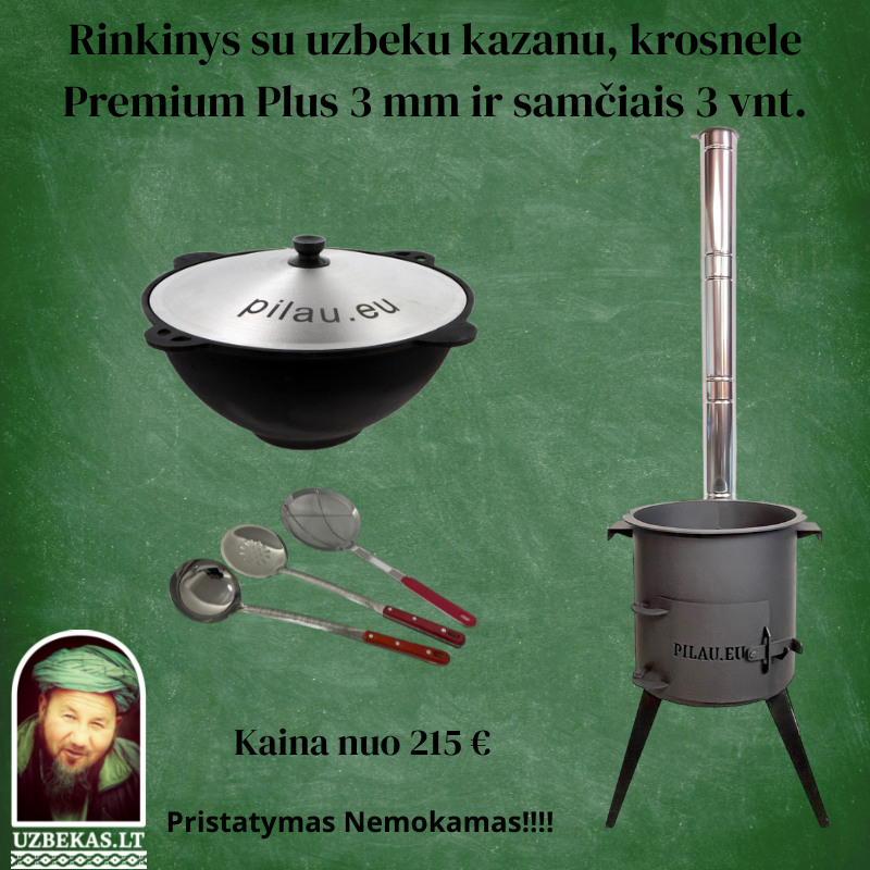 Set- Fire stove “Premium Plus”, uzbek polished Kazan with a flat bottom, 8-10-12-16-22 liters, with aluminum cover, skimmer 46 cm, ladle 46 cm, skimmer-colander 46 cm