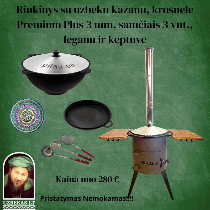 Set- Fire stove “Premium Plus” with shelf, uzbek polished Kazan with a flat bottom, 8-10-12-16-22 liters, with aluminum cover, skimmer 46 cm, ladle 46 cm, skimmer-colander 46 cm, Legan (plate), uzbek polished cast lid pan